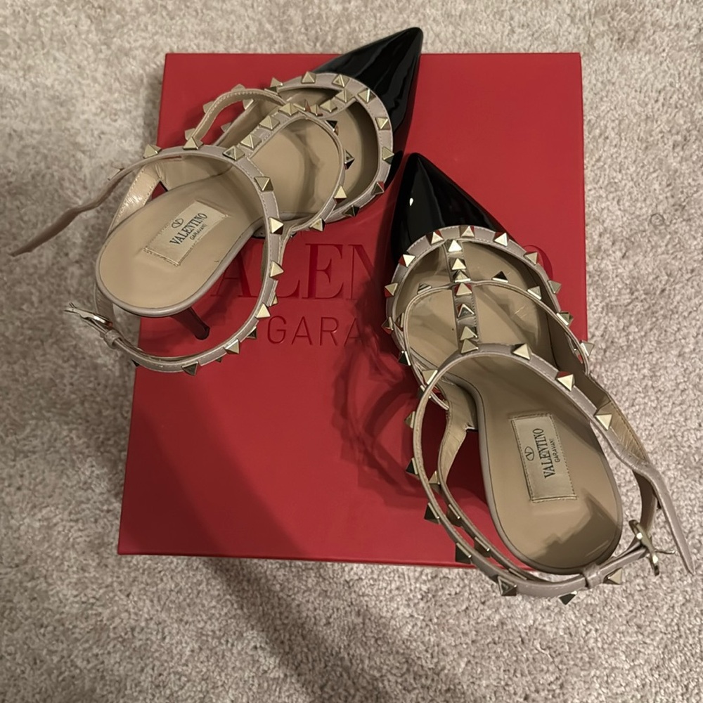 Valentino Black and Cream Heels with Studded Straps